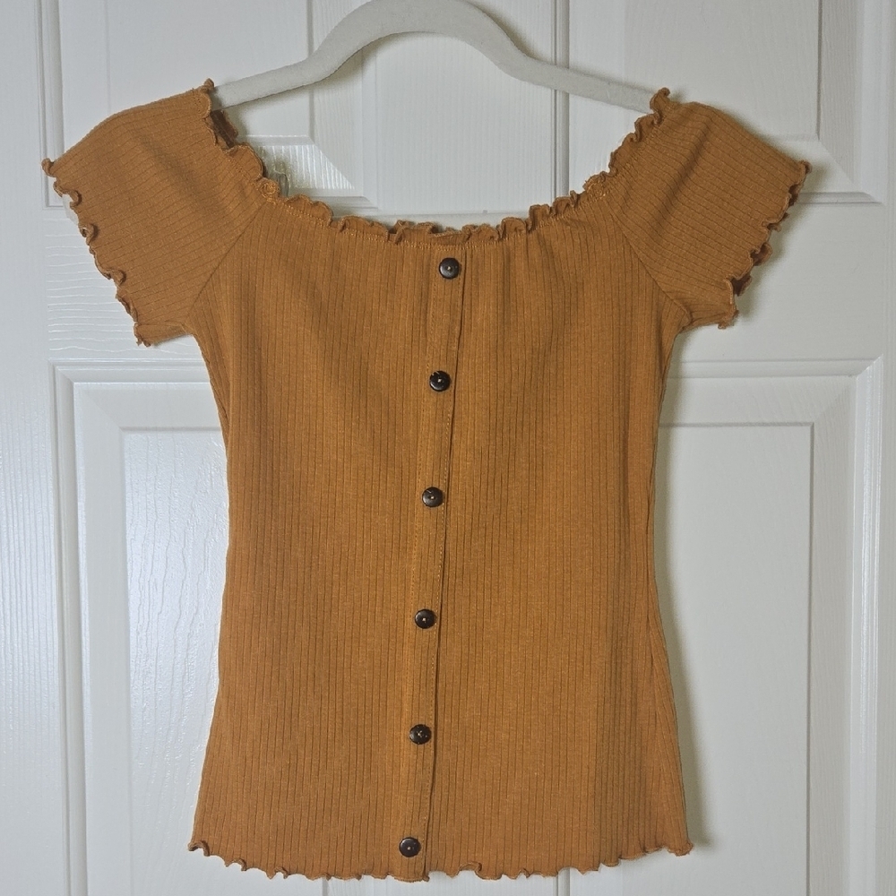 Bozzolo NWT Mustard Ruffle Trim Short Sleeve TOP Y2K RUSTIC BOHO KAWAII PREPPY - Picture 3 of 8
